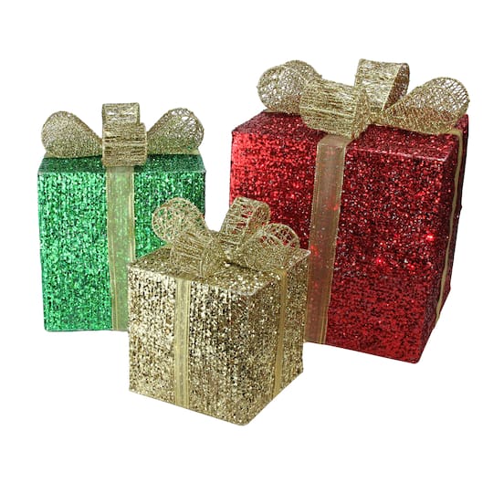 Red Pre-Lit Glittering Christmas Gift Box Set